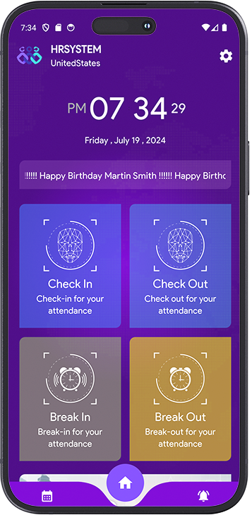 HR SYSTEM mobile attendance check-in, check-out and break tracking screen