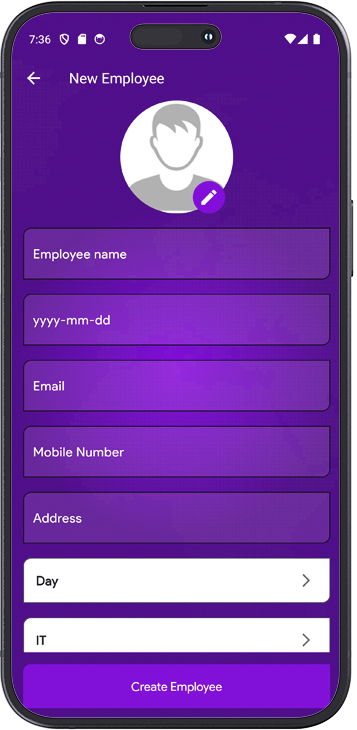 HR SYSTEM Android employee registration screen