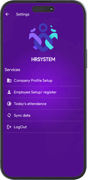 HR SYSTEM mobile app settings and company setup screen
